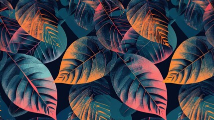   Close-up of diverse green, pink, orange leaves on blue background
