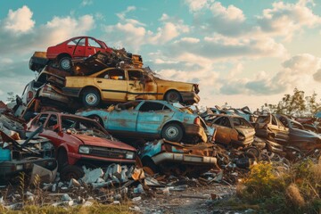 Pile of scrap waste of cars for recycling. Smashed destroyed car wrecks on car junkyard