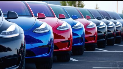Row of colorful luxury cars parked in a dealership lot at sunset.