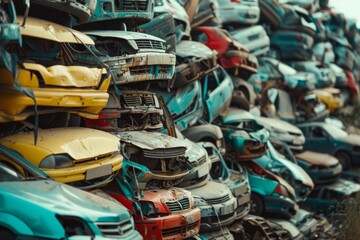 Pile of scrap waste of cars for recycling. Smashed destroyed car wrecks on car junkyard