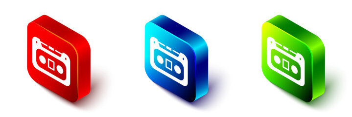 Isometric Retro audio cassette tape icon isolated on white background. Red, blue and green square button. Vector