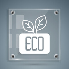 White Leaf Eco symbol icon isolated on grey background. Banner, label, tag, logo, sticker for eco green. Square glass panels. Vector