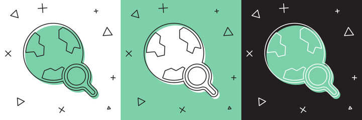 Set Magnifying glass with globe icon isolated on white and green, black background. Analyzing the world. Global search sign. Vector