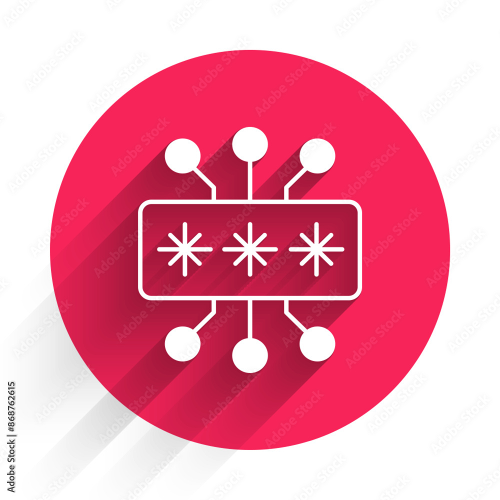 Poster white cyber security icon isolated with long shadow background. closed padlock on digital circuit bo
