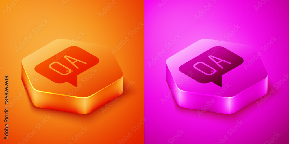 Poster isometric speech bubbles with question and answer icon isolated on orange and pink background. q and