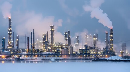 Obraz premium Industrial factory plant emitting smoke during cold winter morning.