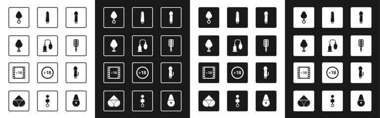 Set Dildo vibrator, Penis pump, Anal plug, Spanking paddle, and Play Video with 18 plus content icon. Vector
