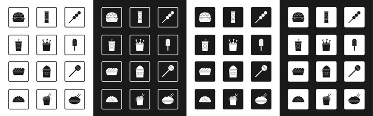 Set Meatballs on wooden stick, Chicken leg in package box, Paper glass with straw, Burger, Ice cream, Chocolate bar, Lollipop and nuggets icon. Vector