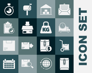 Set Envelope, Hand truck and boxes, Logistics delivery clock, Warehouse, Carton cardboard, Verification of list clipboard, Stopwatch and Weight icon. Vector