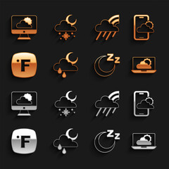 Set Cloud with rain and moon, Weather forecast, Time to sleep, Fahrenheit, Rainbow cloud, and snow sun icon. Vector