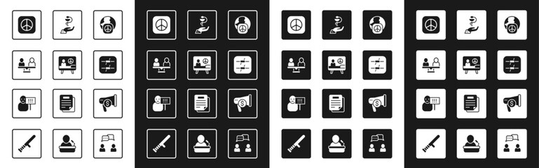 Set International day of peace, Peace, Gender equality, Barbed wire, Caduceus snake medical, Megaphone and dollar and Protest icon. Vector