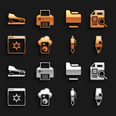 Set Cloud database, Document with graph chart, Marker pen, Fountain nib, Browser setting, folder, Stapler and Printer icon. Vector