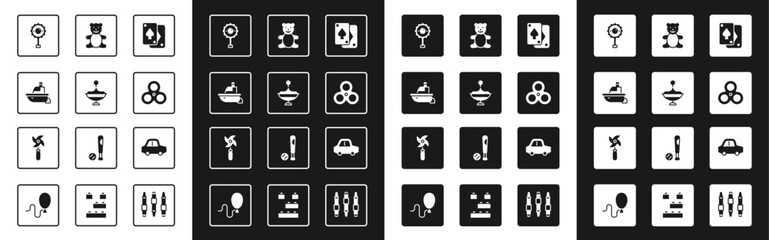 Fototapeta premium Set Playing cards, Whirligig toy, Toy boat, Rattle baby, Fidget spinner, Teddy bear plush, and Pinwheel icon. Vector