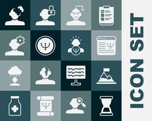 Set Old hourglass, Mountains with flag on top, Online psychological counseling, Concussion, headache, Psychology, Solution problem psychology, and icon. Vector