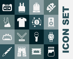 Set Plastic bag of drug, Wrist watch, Stereo speaker, Winter hat, T-shirt, Glass bong for smoking marijuana, Retro audio cassette tape and Stacks paper money cash icon. Vector