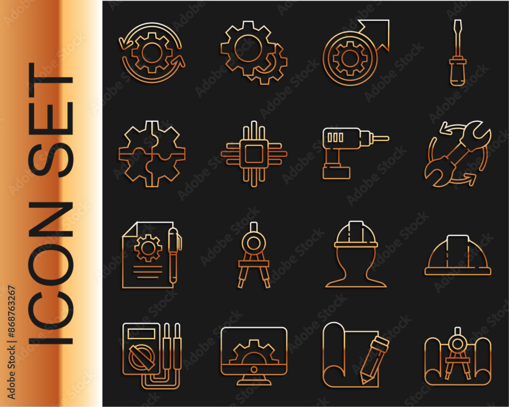 Poster set line graphing paper and compass, worker safety helmet, wrench arrows workflow, gear process, pro