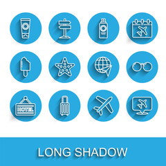 Set line Signboard with text Hotel, Suitcase, Sunscreen cream in tube, Plane, Speech bubble airplane, Starfish, Glasses and Globe flying icon. Vector