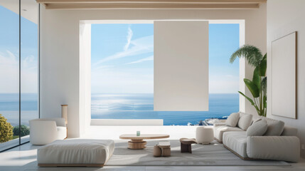 Living room wall poster mockup. Interior mockup with house background. Modern interior design. sea view 