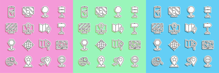 Set line Stop sign, City map navigation, Road traffic, Push pin, Monitor with location marker, and Folded icon. Vector