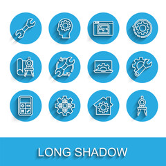 Set line Calculator, Processor, Wrench spanner, House with gear, Drawing compass, and arrows workflow, and Laptop icon. Vector
