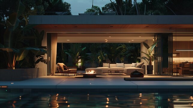 luxurious minimalist living room over looking tropical garden and swimming pool and fire pit