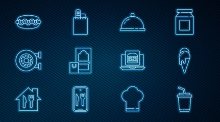 Set line Paper glass with water, Ice cream, Covered tray of food, Online ordering and delivery, Donut, Hotdog sandwich, burger and icon. Vector