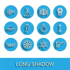 Set line Kayak or canoe and paddle, Old wooden wheel, Spur, Hexagram sheriff, Revolver gun, Tooth, Crossed arrows and Canteen water bottle icon. Vector