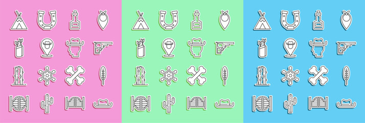 Set line Western cowboy hat, Indian feather, Revolver gun, Tabasco sauce, Location, Quiver with arrows, teepee or wigwam and Cowboy icon. Vector © Vadim