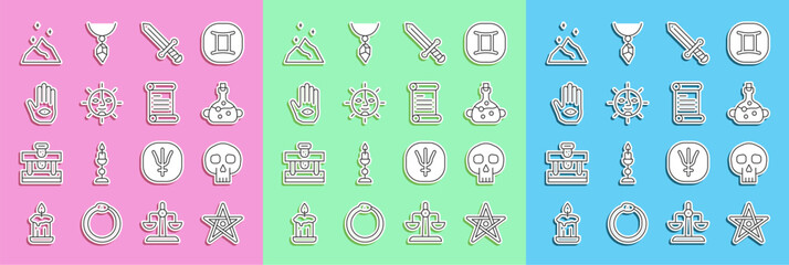 Set line Pentagram, Skull, Poison in bottle, Medieval sword, Sun, Hamsa hand, Magic powder and Decree, parchment, scroll icon. Vector