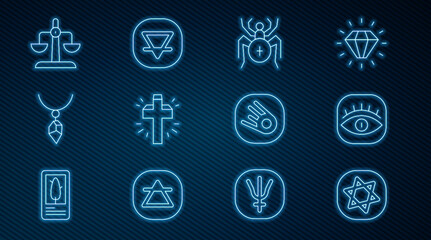 Set line Tarot cards, Masons, Spider, Christian cross, Necklace with crystal, Libra zodiac, Comet falling down fast and Earth element icon. Vector