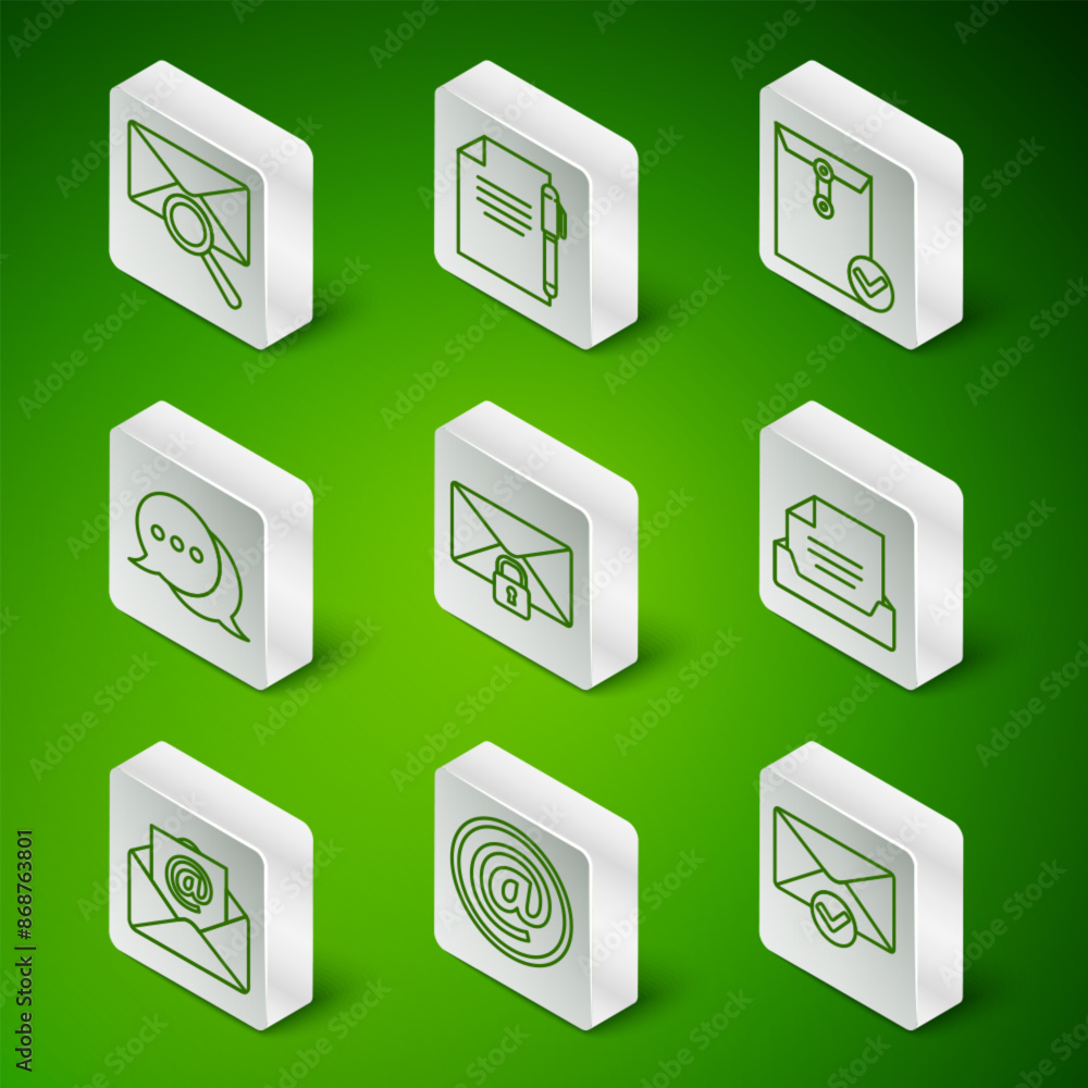 Poster set line envelope and check mark, mail e-mail, with magnifying glass, message lock password, speech 