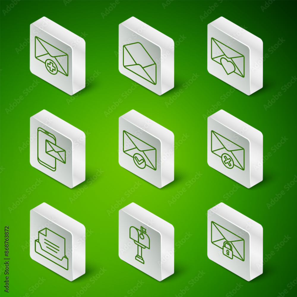 Poster set line mail message lock password, box, received concept, envelope and check mark, mobile envelope