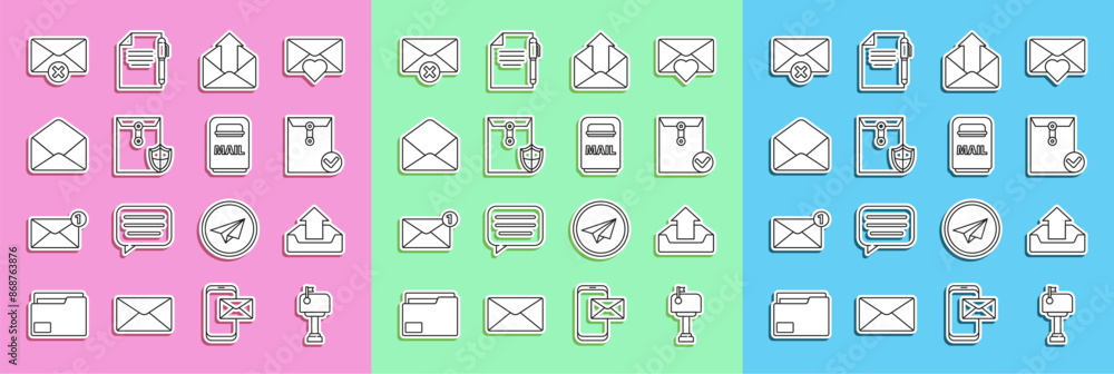 Aufkleber set line mail box, upload inbox, envelope and check mark, outgoing mail, with shield, delete envelop