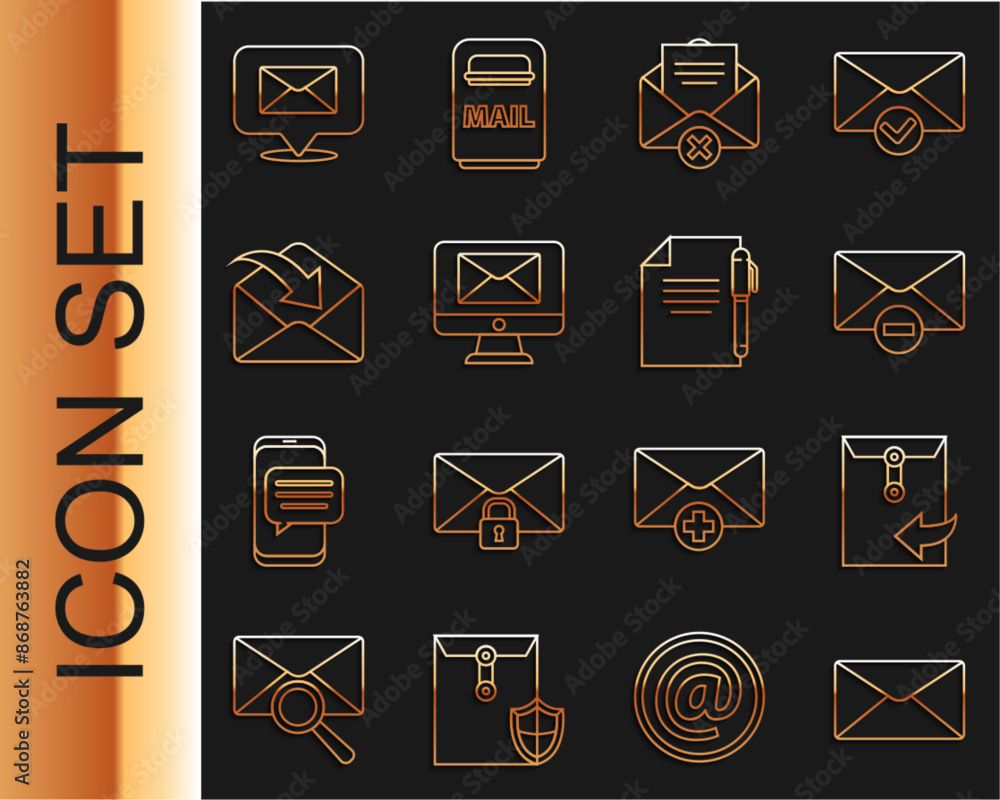 Poster set line envelope, delete envelope, monitor and, speech bubble with and document pen icon. vector