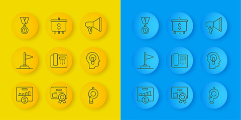 Set line Key performance indicator, Flag, Telephone 24 hours support, Whistle, Human with lamp bulb, Medal, Megaphone and Target dollar icon. Vector