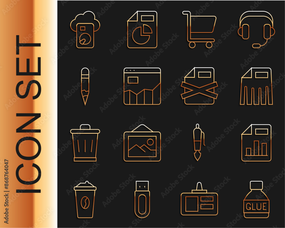 Poster set line glue, document with graph chart, paper shredder, shopping cart, graph infographic, pencil, 