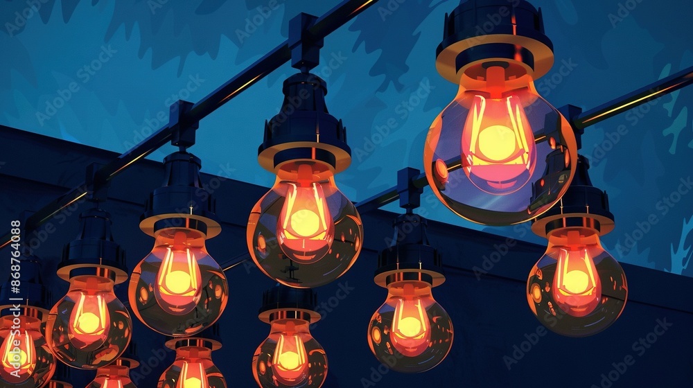 Poster light bulbs hung on a ceiling, illuminating a painting