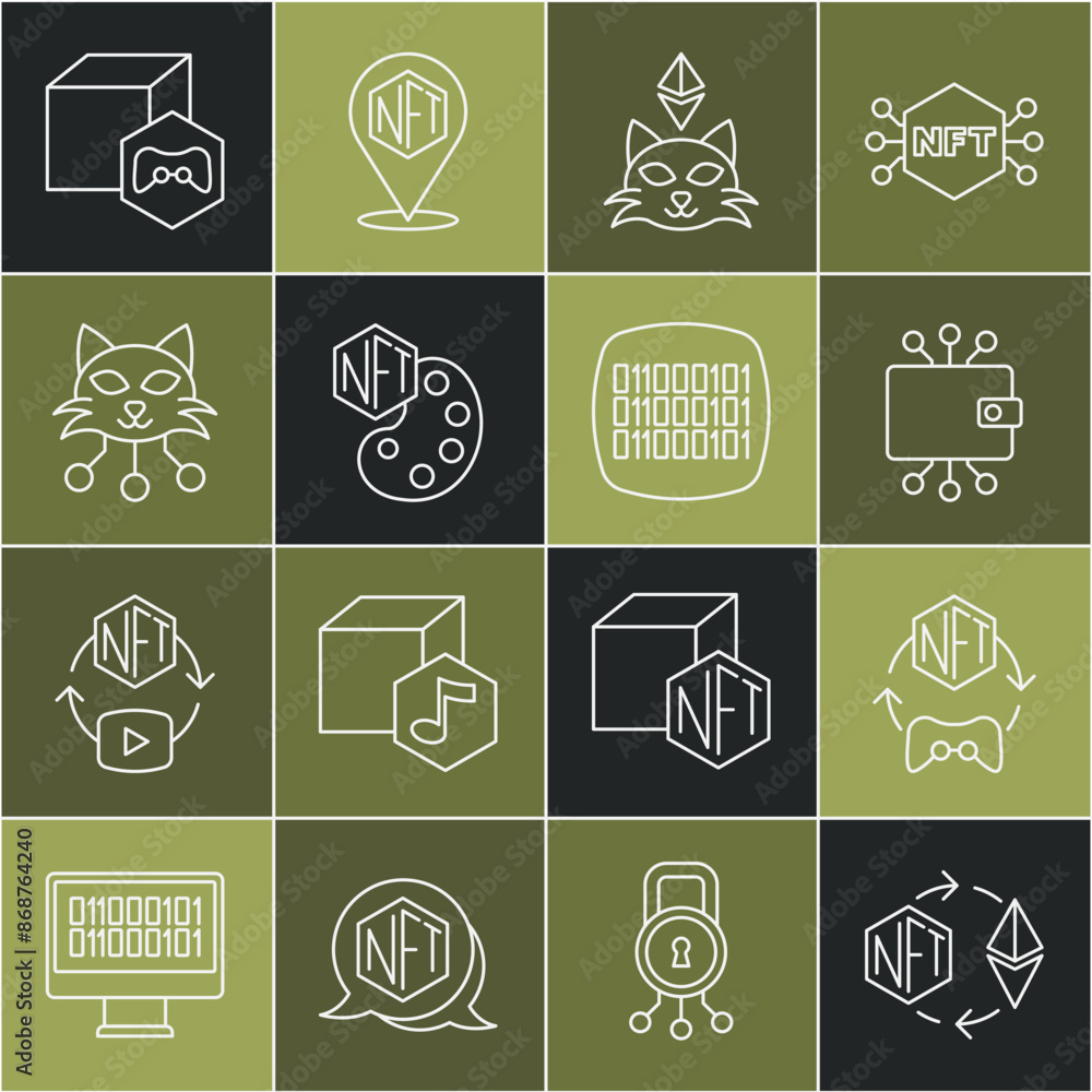Poster set line ethereum exchange nft, digital crypto art, cryptocurrency wallet, and binary code icon. vec