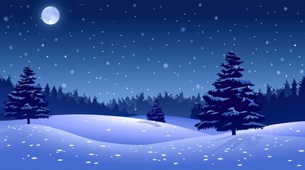 Beautiful snowy night with moon, stars, and trees in a winter landscape