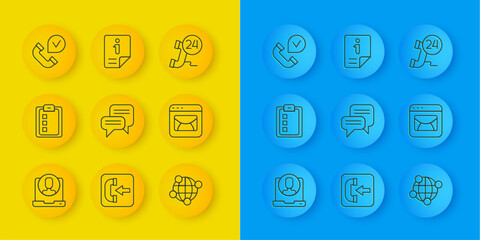 Set line Telephone 24 hours support, Online quiz, test, survey, Speech bubble chat, Global technology, Mail and e-mail, handset, and Information icon. Vector