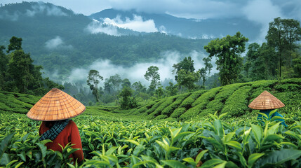 Farmers collecting tea .  green tea farm