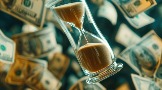Financial Countdown: Hourglass and Flying Dollars - Powered by Adobe