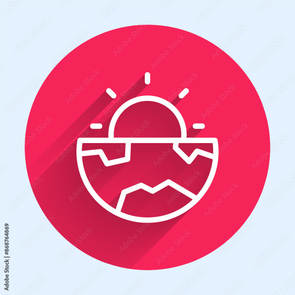 Poster white line earth core structure crust icon isolated with long shadow background. red circle button. 