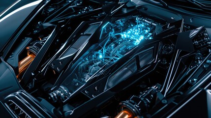 Aggressive Modern Car Engine Close-Up in Cinematic Lighting