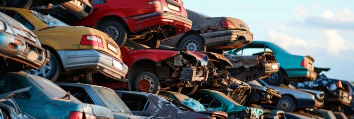 Pile of scrap waste of cars for recycling. Smashed destroyed car wrecks on car junkyard