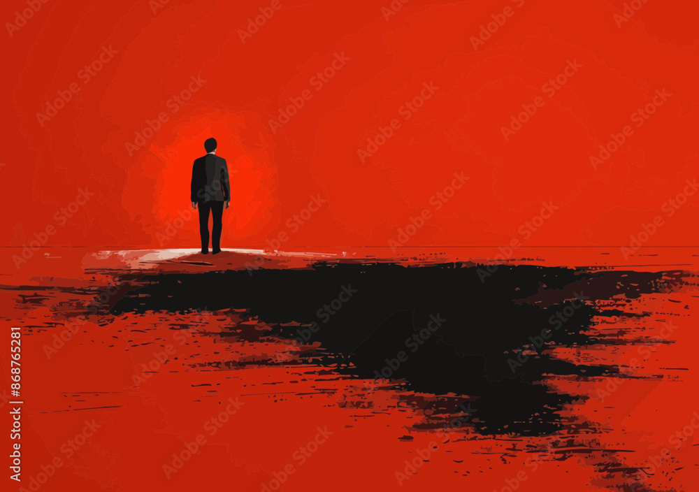 Poster manager examines large gap in abstract red background for business failure, obstacle, and problem so