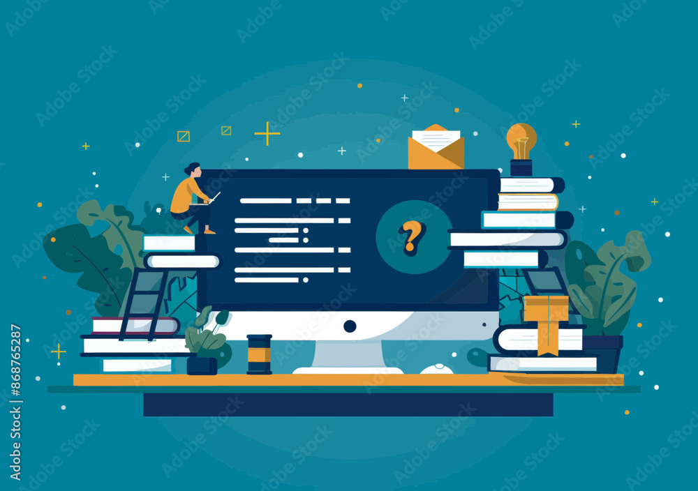 Poster distance learning concept with student studying online at computer surrounded by books and virtual e
