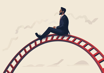 Businessman Riding Roller Coaster on Financial Chart, Conceptual Illustration of Market Volatility, Business Risks and Opportunities, Minimalistic Vector with Professional Man on Amusement Ride