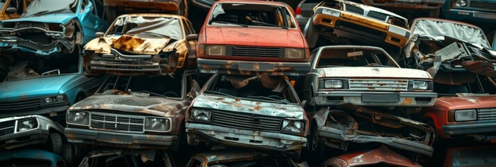 Pile of scrap waste of cars for recycling. Smashed destroyed car wrecks on car junkyard