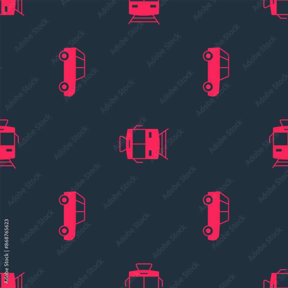 Poster set car and tram and railway on seamless pattern. vector